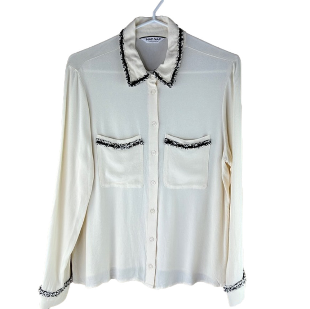 Naf Naf beige button down blouse with Fringe Detail